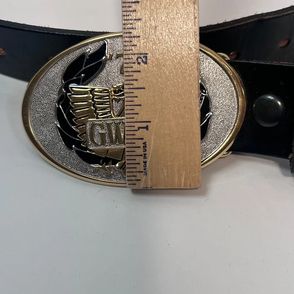 GWRRA 77 Eagle Biker Belt‎ Buckle w/ Gold Wing Embossed Leather Belt USA Made